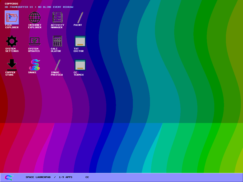 The CopperOS Waterfall desktop with twelve application icons and a taskbar