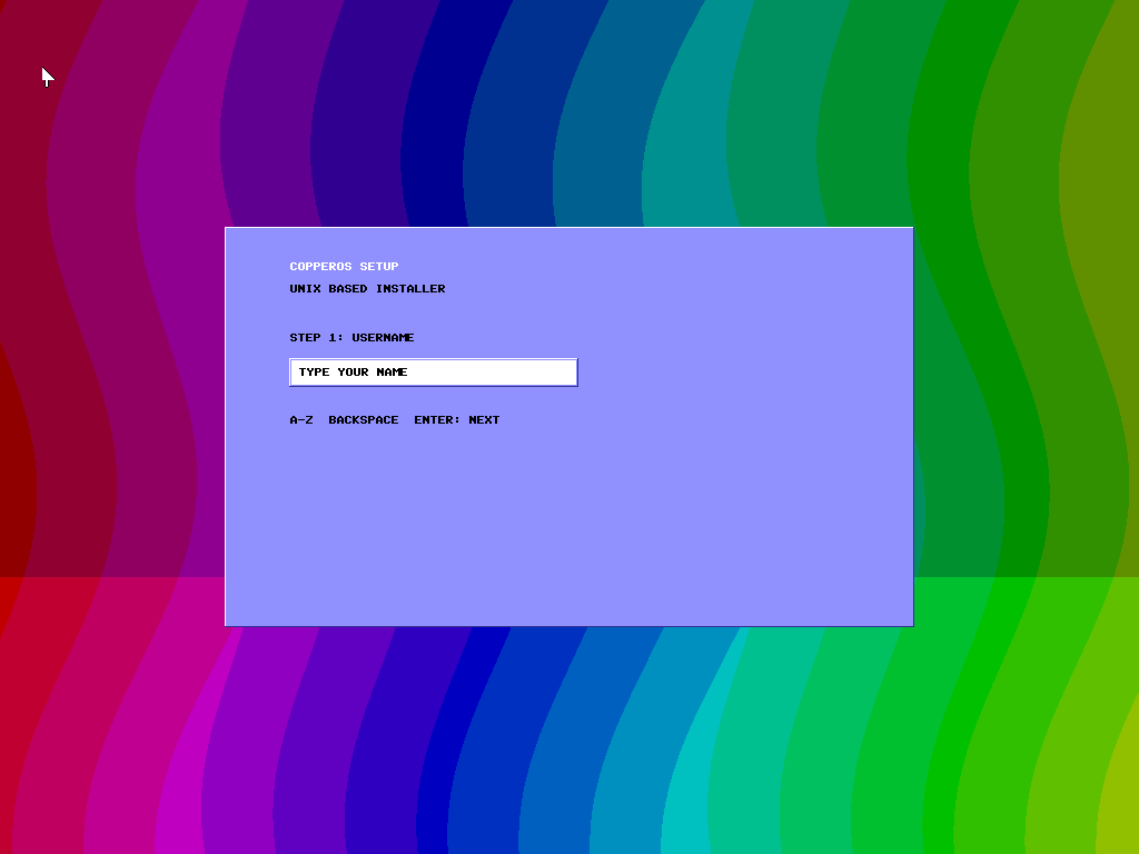 The CopperOS Waterfall installer asking for a username over a colorful gradient background